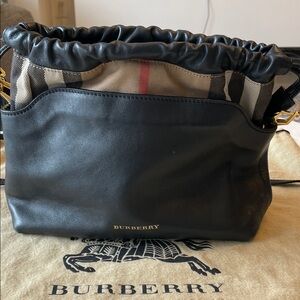 Burberry Black Leather Drawstring Crossbody with Iconic Check Trim